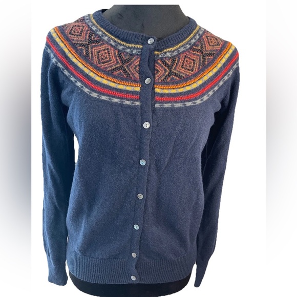 Lucky Brand Y2K navy fair isle beaded ladies size medium cardigan sweater wool‎ - Picture 1 of 14